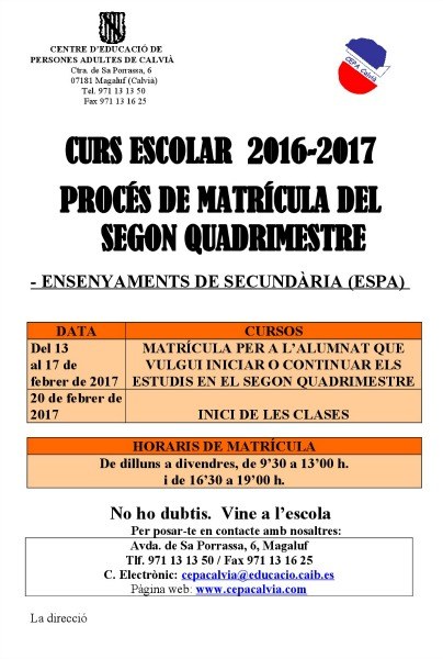 Matrícula per a l'Escola d'Adults.