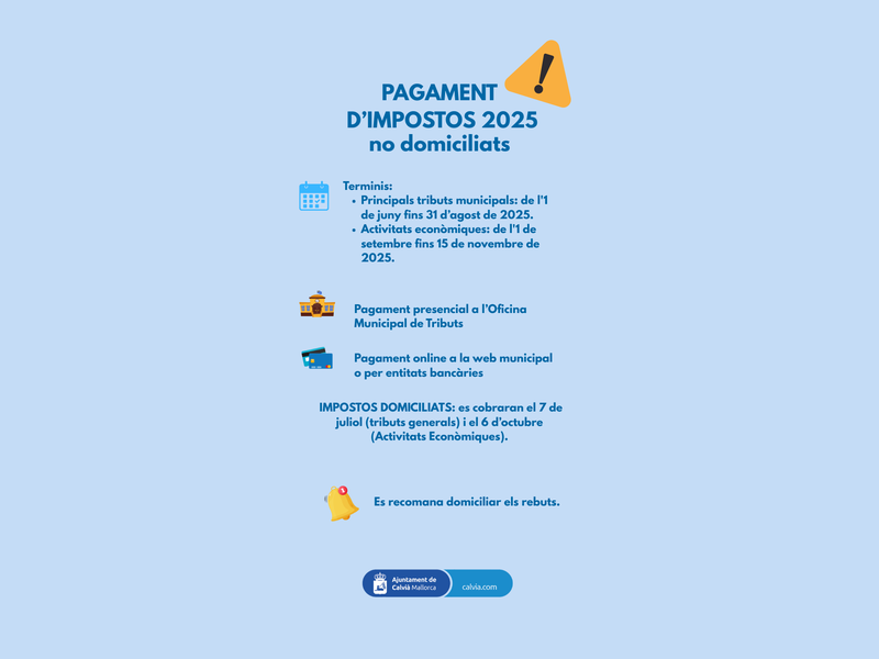 El Ajuntament de Calvià abre el período voluntario de pago de impuestos municipales 2025.